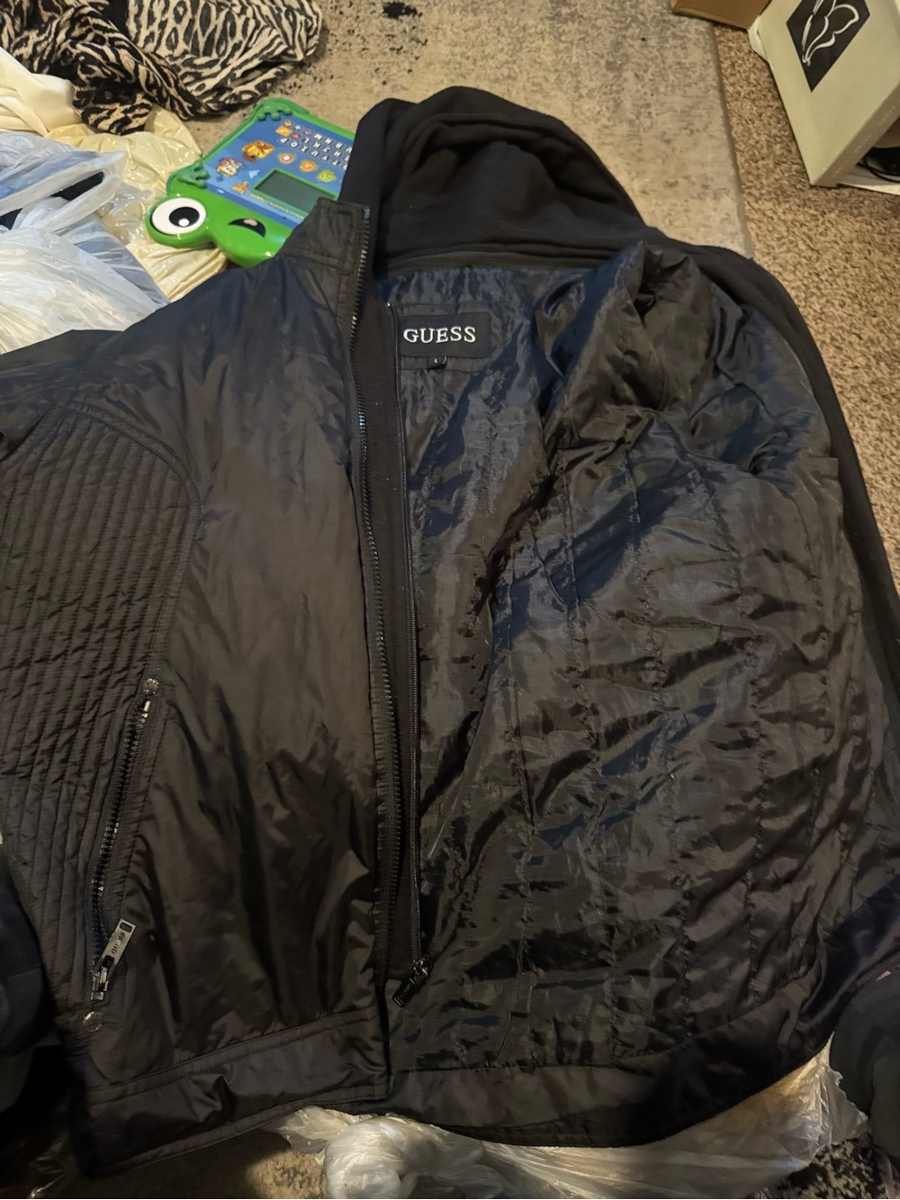 GUESS Black Quilted Bomber Jacket with Hood